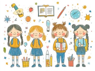 Poster - Cute School Girls Illustration