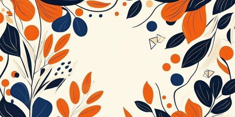 A seamless pattern with abstract botanical elements, vibrant autumn leaves in shades of orange and navy blue, swirling branches, berries and geometric shapes, vintage floral folk art design with a mod