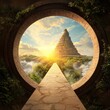© Pornarun - A stone pathway leads to a mysterious, towering pyramid seen through a circular opening in a stone wall.  Sunlight bathes the scene, creating a magical atmosphere.