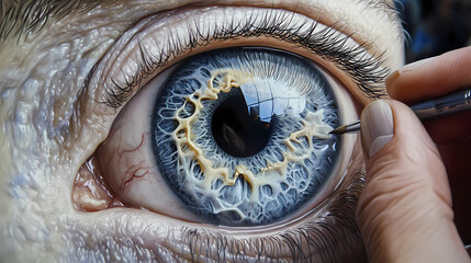 A close-up of a hand creating a lifelike human eye with intricate detail, the art of hyperrealism. Hyperrealism. Illustration