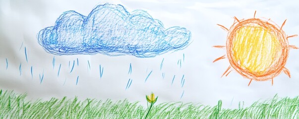 A child s drawing of a sunny day with a raincloud, vibrant colors, high contrast, ample bottom copy space