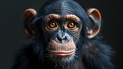 Wall Mural - Close-up portrait of a young chimpanzee looking directly at the camera with intense, intelligent eyes.