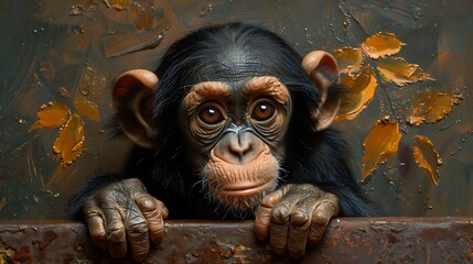 Wall Mural - A curious baby chimpanzee with large brown eyes peeks over a rusty metal edge, its fur and skin detailed with artistic brushstrokes, set against a backdrop of orange and brown leaves.