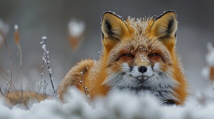 Wall Mural - A red fox lies in the snow, looking directly at the camera with a playful expression.