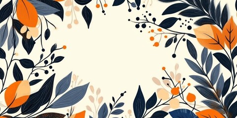 A seamless pattern with abstract botanical elements, vibrant autumn leaves in shades of orange and navy blue, swirling branches, berries and geometric shapes, vintage floral folk art design with a mod