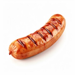 One grilled sausage with shiny brown glaze isolated on white background.