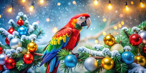 Wall Mural - Vibrant festive winter scene with colorful parrot perched on a decorated Christmas tree branch, surrounded by ornaments, snowflakes, and sparkling fairy lights.