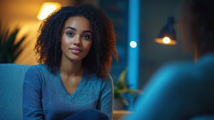 Poster - A woman with curly hair looks at the camera with a warm smile.