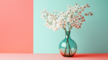 Poster - White Flowers in a Vase on a Teal and Pink Background