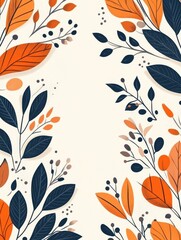 A seamless pattern with abstract botanical elements, vibrant autumn leaves in shades of orange and navy blue, swirling branches, berries and geometric shapes, vintage floral folk art design with a mod