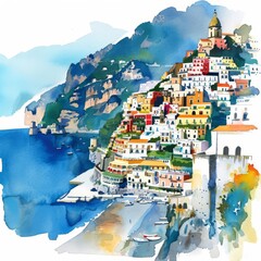 Watercolor illustration of a picturesque coastal town on a hillside by the sea, featuring colorful buildings and serene blue waters.