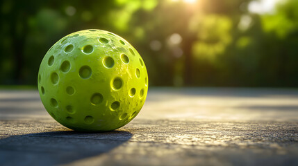 Wall Mural - Green pickleball ball on a court with a blurry background.