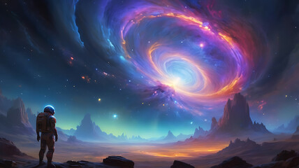 Wall Mural - Human silhouette on Cosmic Bright Swirls, Beautiful Fractal Background, spiral cosmic pattern