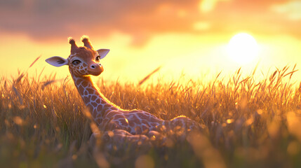 Wall Mural - A cute giraffe basking in the warm glow of a golden sunset.