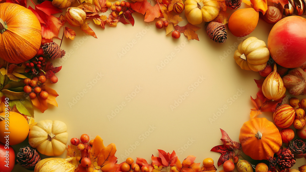 Thanksgiving pumpkins, leaves and fall elements make a border for ...