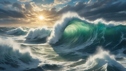 Wall Mural - Large tube wave in the ocean at sunset or dawn, a large wave in the ocean with sunlight and dramatic cloudy sky