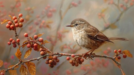 A small brown bird perches on a branch with red berries, surrounded by a soft, blurred background of foliage.