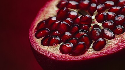 close-up of a halved pomegranate with its juicy red seeds glistening, placed on a deep red background