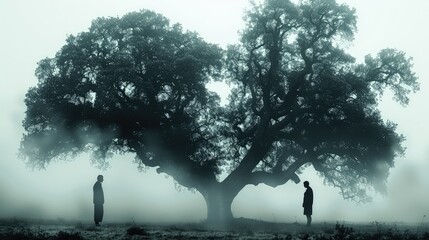 Two silhouettes on opposite sides of a large oak tree in a misty forest, a couple looking in different directions, obscured partially by the fog and tree, symbolizing their lost connection.