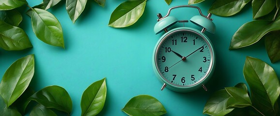 Wall Mural - Green leaves border a teal alarm clock on a turquoise background.