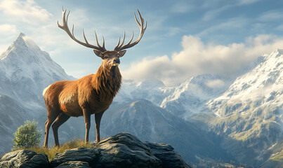 Wall Mural - Majestic stag with large antlers stands on a rocky mountain peak overlooking a breathtaking alpine landscape.