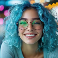 Closeup portrait, curly blue hair, young smiling woman, round glasses, bright makeup, blurred colorful background, soft lighting, happy expression