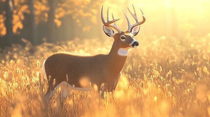 Sticker - A majestic white-tailed deer with large antlers stands in a field of tall grass, bathed in the golden light of the setting sun.