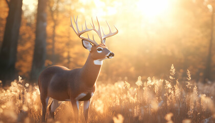 Wall Mural - Majestic buck with large antlers stands in a field of tall grass, bathed in the warm glow of the setting sun.