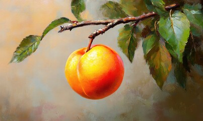 Wall Mural - Oil painting depicting a ripe apricot hanging on a branch showcasing vibrant colors and natural textures of the fruit and tree elements