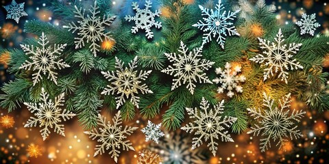 Poster - Beautiful white snowflakes on a blue and orange ombre background with copy space. Perfect for winter, holiday, or seasonal designs.