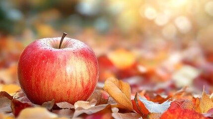 an apple among autumn leaves. super cozy and popular autumn picture