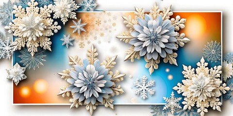 Poster - Beautiful white snowflakes on a blue and orange ombre background with copy space. Perfect for winter, holiday, or seasonal designs.