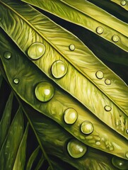 Wall Mural - Close up oil painting of droplets on a fern leaf highlighting the intricate details and textures of a tropical polypod fern