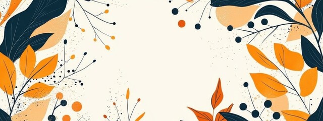 A seamless pattern with abstract botanical elements, vibrant autumn leaves in shades of orange and navy blue, swirling branches, berries and geometric shapes, vintage floral folk art design with a mod