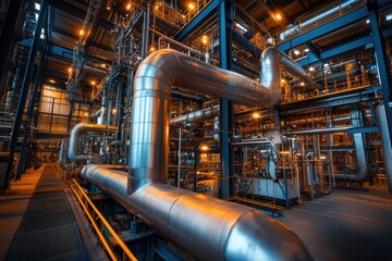 Industrial pipes and structures in a factory. This photo is great for illustrating articles or websites about manufacturing, industry, and engineering.