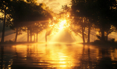 Wall Mural - Golden light streams through the trees at sunset, reflecting off the calm water.