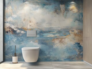 a modern bathroom with a white bathtub and wooden minimalistic stool by bathtub with bathroom accessories on it, with a blue abstract wall full length 