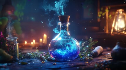 Mystical glowing blue potion in a glass bottle with smoke, surrounded by plants and candles on a wooden table in a magical setting.