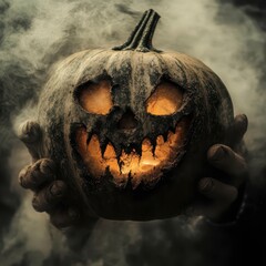 Wall Mural - Spooky pumpkin with sinister grin held amidst swirling mist at night