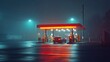 © fotofabrika - A car refuels at a deserted gas station under foggy night lights, showcasing the serene atmosphere of a quiet roadside stop
