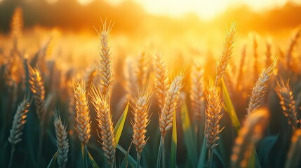  Golden wheat stalks glow under the setting sun, symbolizing harvest season. The soft sunlight bathes the field in a warm, golden hue, evoking peace and abundance.