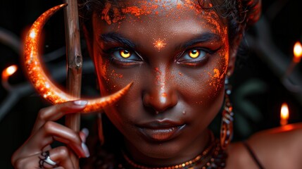 This striking portrait features a woman adorned with vibrant body paint and glowing eyes, holding a crescent moon prop amidst a dark, enchanting forest filled with soft lights