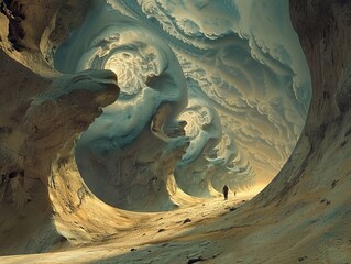 Two figures walk through a surreal, cavernous landscape with a swirling cloudy ceiling.