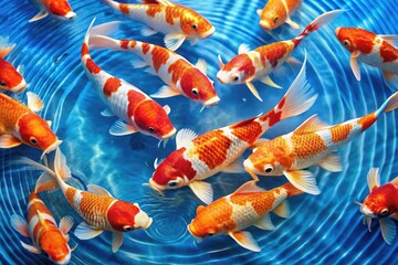 Wall Mural - Vibrant orange and white koi fish swim amidst ripples on a serene blue background, creating a stunning, intricate pattern of scales and water reflections.