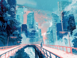 Wall Mural - Futuristic Cityscape: A Lonely Walk Through the Neon Skyline