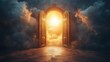 © Lamina - golden door opens to a glowing, heavenly light amidst dark clouds, symbolizing hope, spiritual awakening, and a journey toward enlightenment.