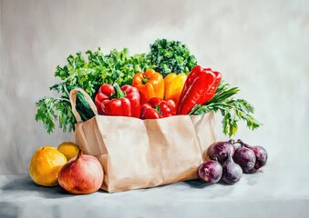 Wall Mural - Oil painting depicting a healthy food theme with a paper bag filled with fresh vegetables and fruits on a white background emphasizing a clean vegan lifestyle and shopping concept