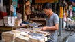 © angel_nt - In a vibrant market filled with colorful wares, a young man attentively examines a selection of traditional goods, showcasing local craftsmanship and culture