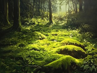 Wall Mural - Oil painting depicting a lush green moss covered forest floor with vibrant foliage and tranquil atmosphere