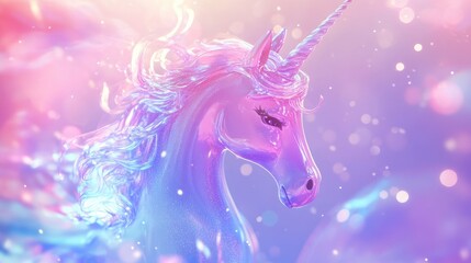 Poster - Holographic background featuring a 3D cartoon rendering of a unicorn with fluid elements designed as a colorful girly flyer Soft multicolor invitation showcasing shiny glitter abstract texture and